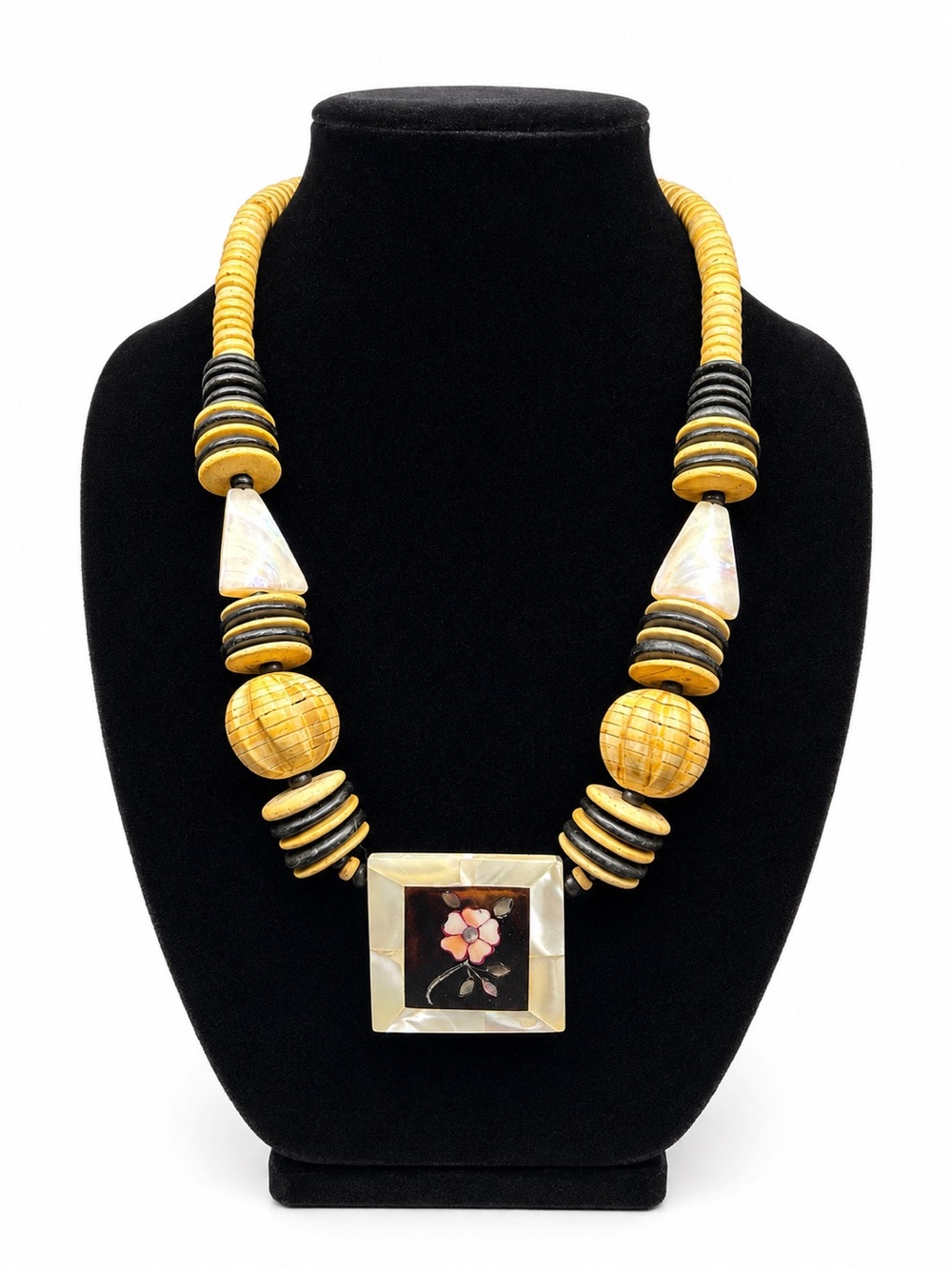 Vintage Shell & Wood Floral Statement Necklace (c. 1980s–1990s)